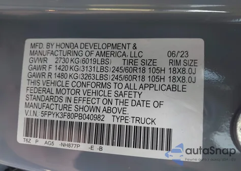 2023 Honda Ridgeline Black Edition z USA, uszkodzony, nr VIN 5FPYK3F80PB040982